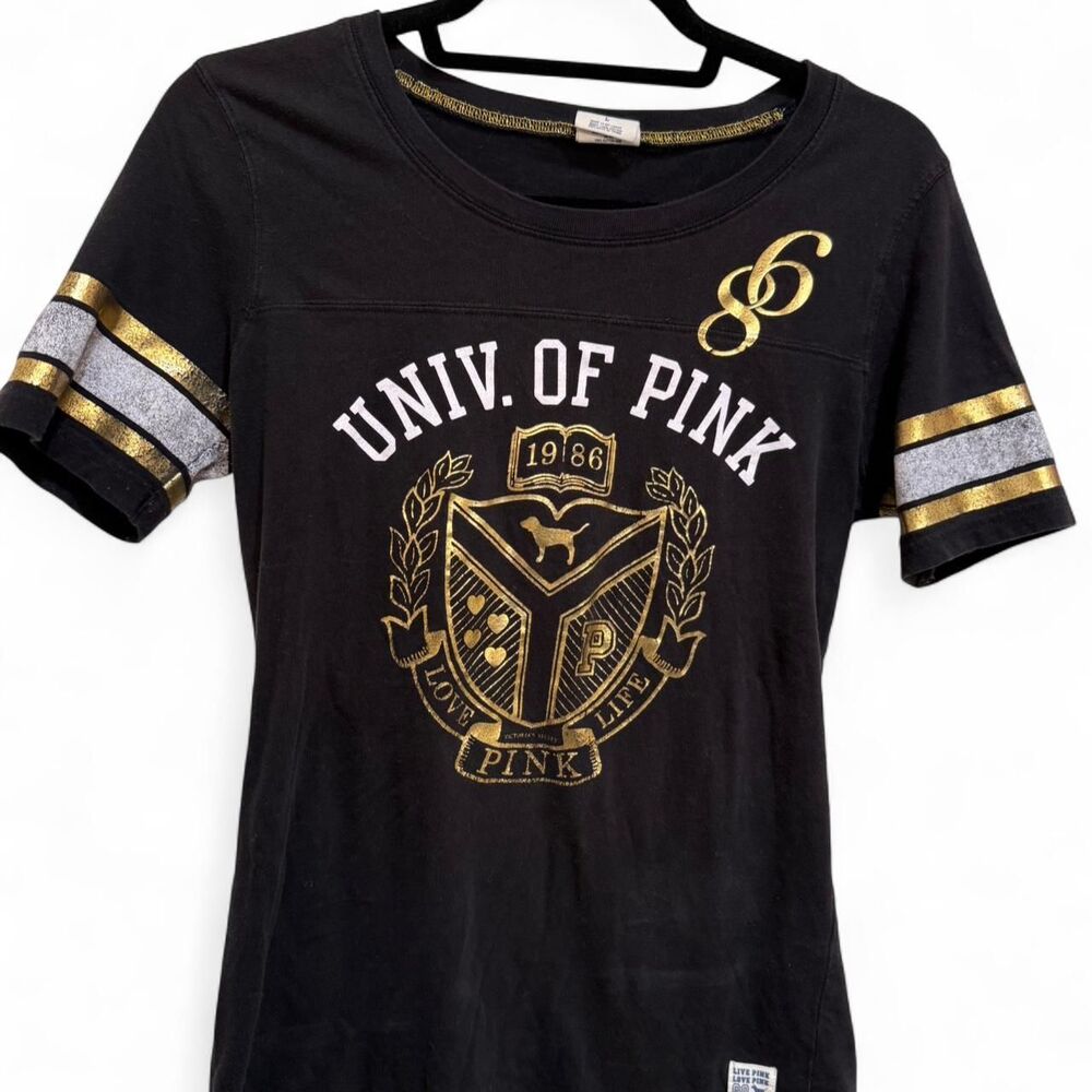 Victoria's Secret Vintage Pink University Rare Unique Women's Black & Gold Shirt